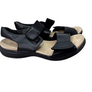 Aravon Sandals Women 12 Black Leather Adjustable Comfort Walking Casual